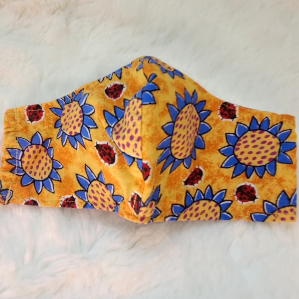 Mask, youth age 7-12, blue and yellow flower ladybug motif, 100% cotton, new